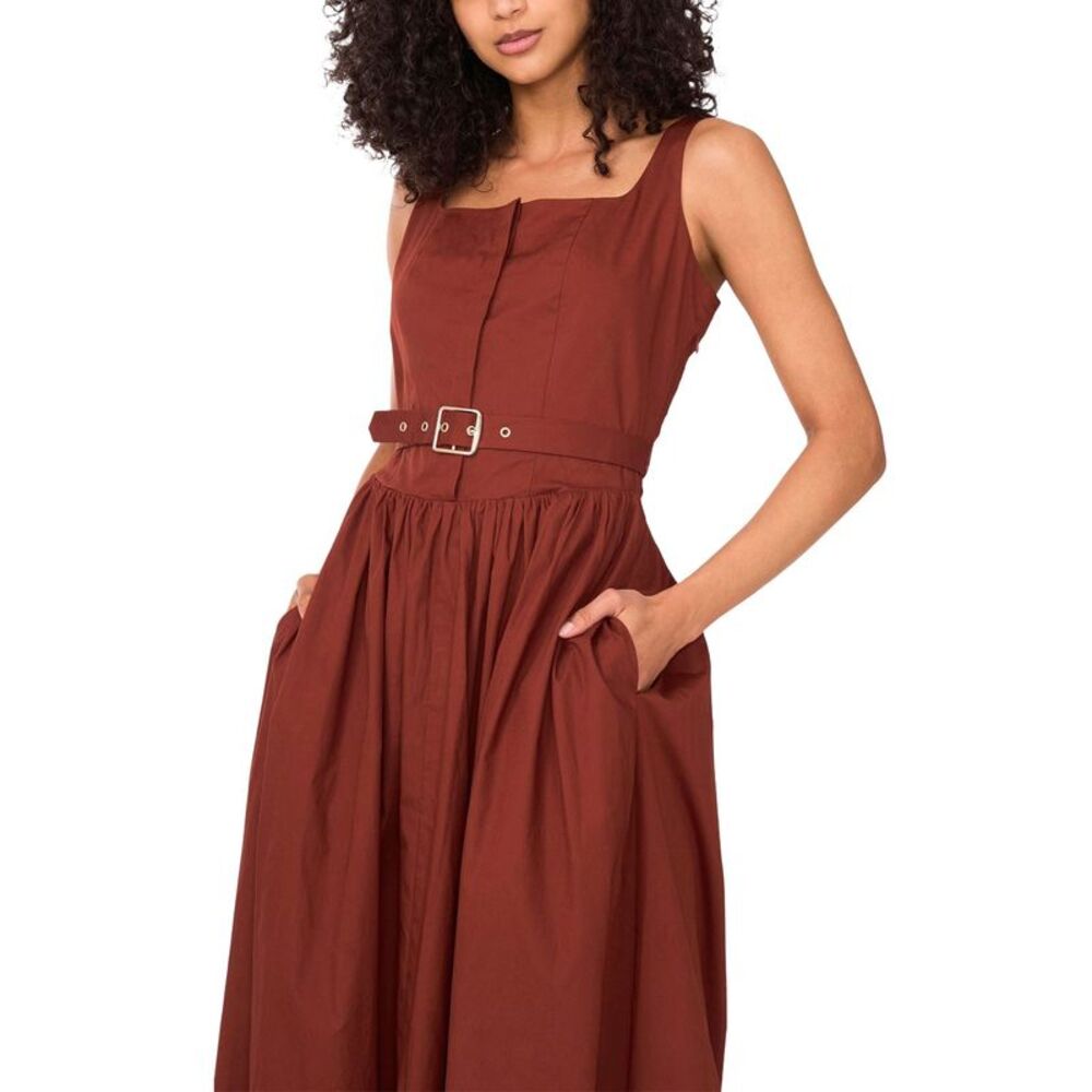 1.State Womens Square-Neck Sleeveless Belted Midi Dress XS Brandy Brown NWT $129 - Picture 5 of 5